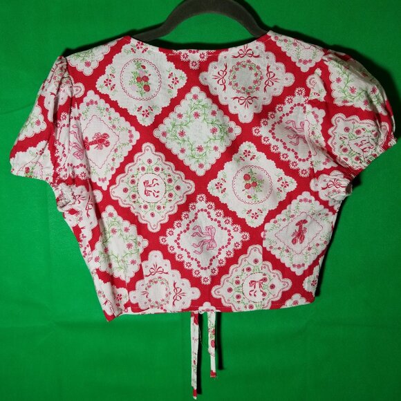Max and Riley White Red Women Small Crop Top Western Shabby Chic Floral Linen - Picture 2 of 4